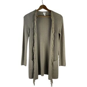 CHICOS Talia Fringe Open Long Cardigan Sweater Small 0 Beige Tan Neutral Boho‎
